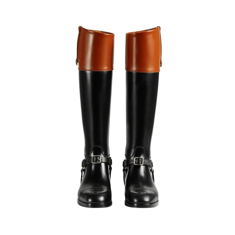 NIB Gucci Zelda Horsebit Harness Knee High Two Tone Boot Black Brown EU 37 US 7